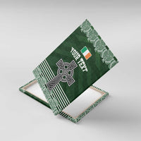 Green Celtic cross and shamrock canvas wall art corner view with “Your Text”
