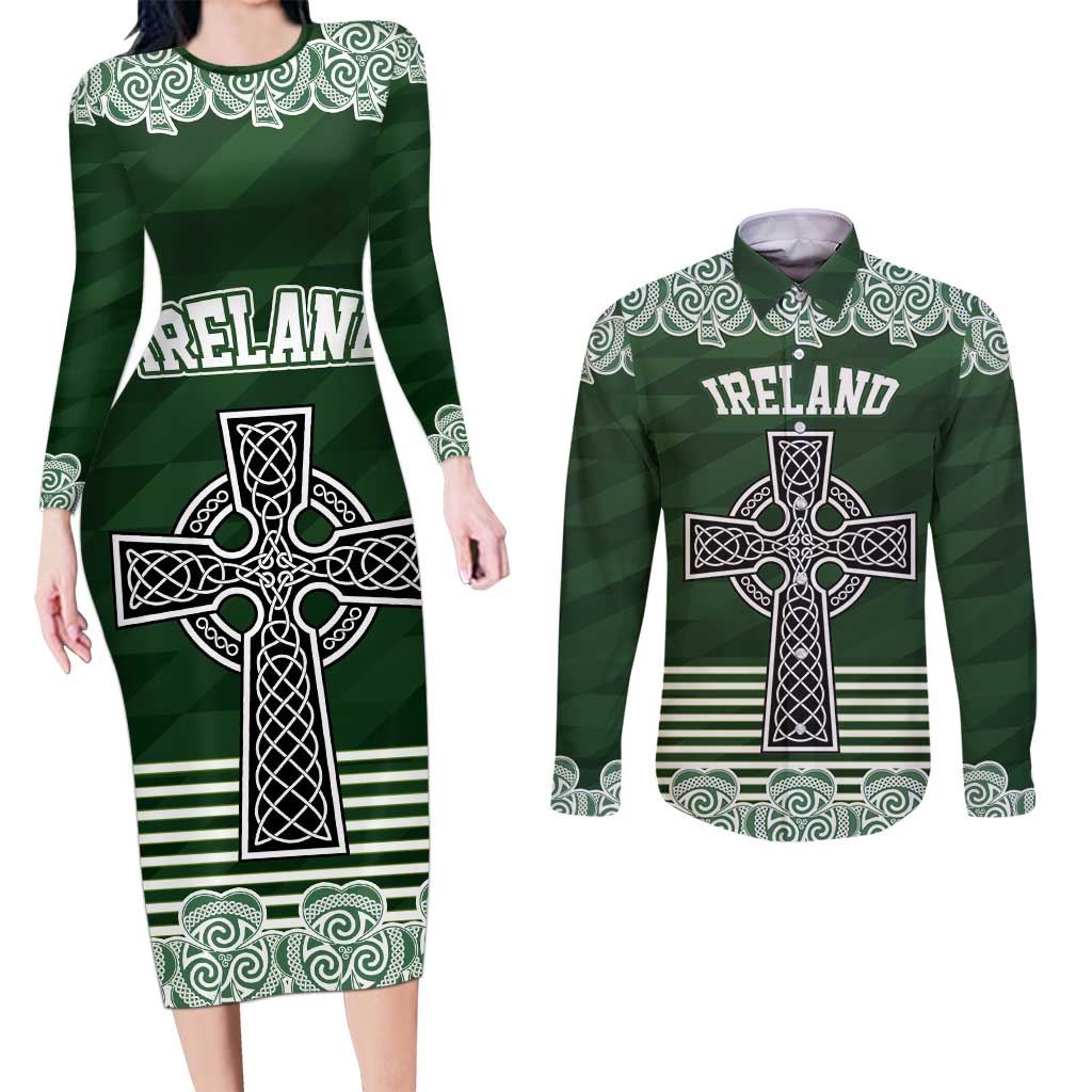 Personalized Celtic Cross Shamrock Ireland Couples Matching Long Sleeve Bodycon Dress and Long Sleeve Button Shirt Celtic Knot with Shamrock