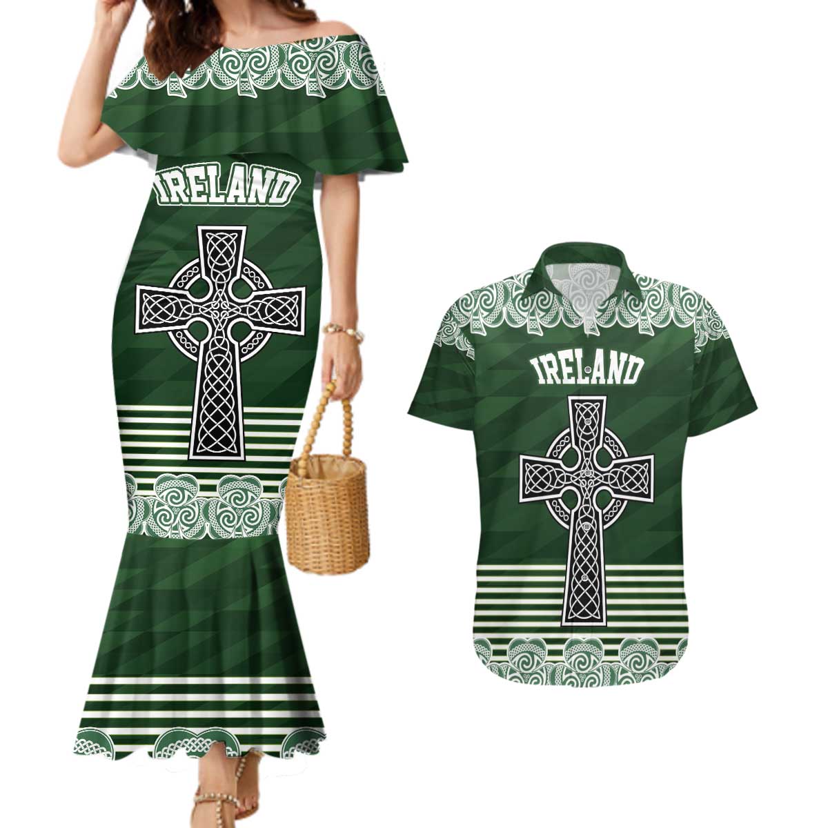 Personalized Celtic Cross Shamrock Ireland Couples Matching Mermaid Dress and Hawaiian Shirt Celtic Knot with Shamrock