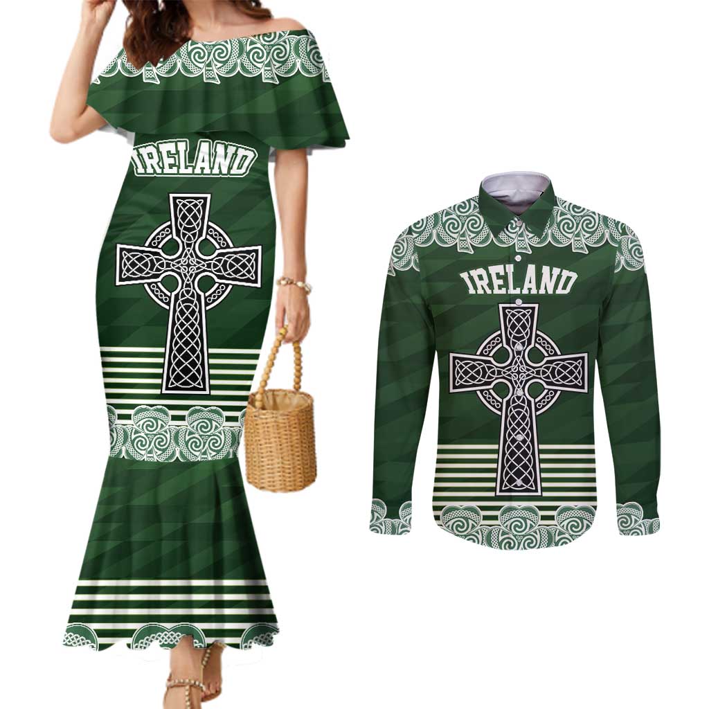 Personalized Celtic Cross Shamrock Ireland Couples Matching Mermaid Dress and Long Sleeve Button Shirt Celtic Knot with Shamrock