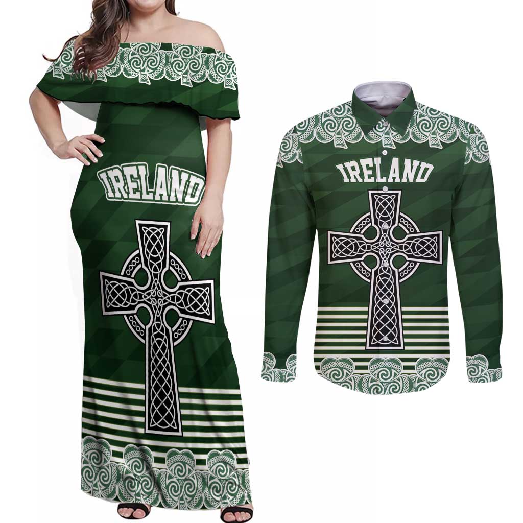 Personalized Celtic Cross Shamrock Ireland Couples Matching Off Shoulder Maxi Dress and Long Sleeve Button Shirt Celtic Knot with Shamrock