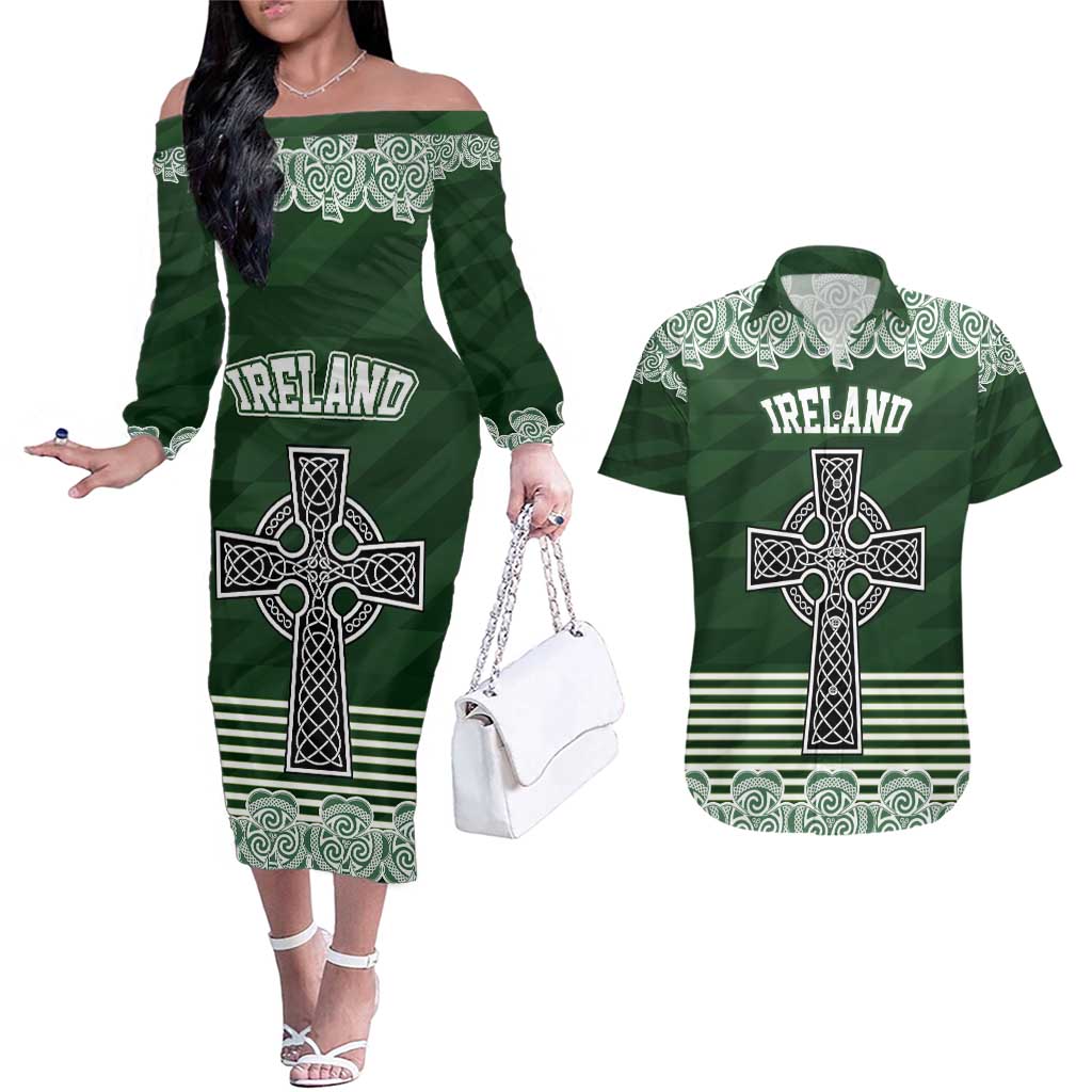 Personalized Celtic Cross Shamrock Ireland Couples Matching Off The Shoulder Long Sleeve Dress and Hawaiian Shirt Celtic Knot with Shamrock