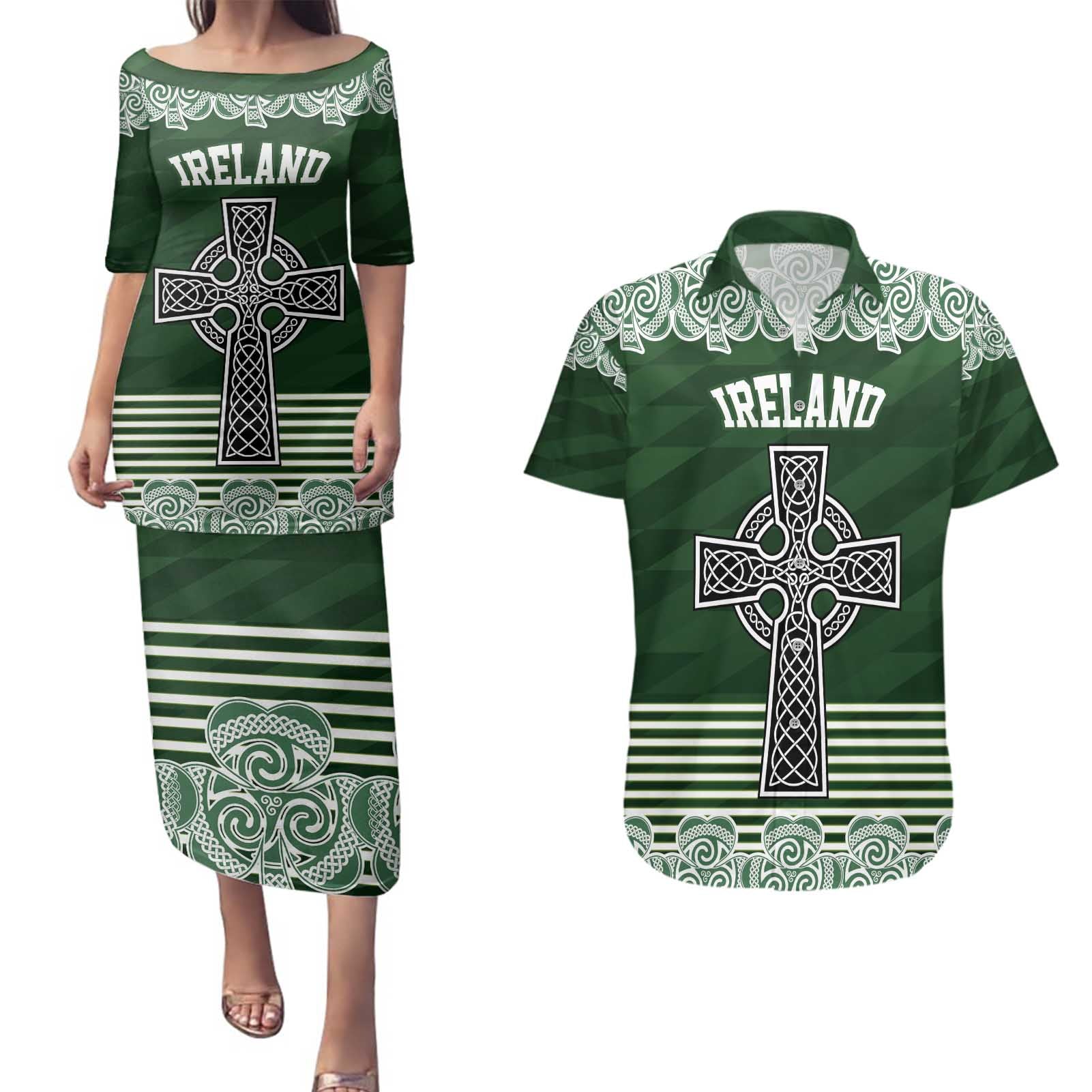 Personalized Celtic Cross Shamrock Ireland Couples Matching Puletasi and Hawaiian Shirt Celtic Knot with Shamrock