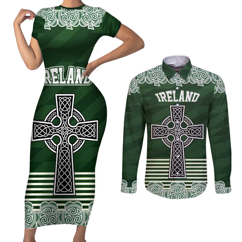 Personalized Celtic Cross Shamrock Ireland Couples Matching Short Sleeve Bodycon Dress and Long Sleeve Button Shirt Celtic Knot with Shamrock