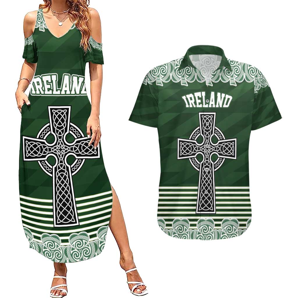 Personalized Celtic Cross Shamrock Ireland Couples Matching Summer Maxi Dress and Hawaiian Shirt Celtic Knot with Shamrock