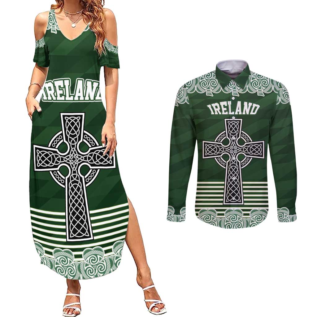 Personalized Celtic Cross Shamrock Ireland Couples Matching Summer Maxi Dress and Long Sleeve Button Shirt Celtic Knot with Shamrock