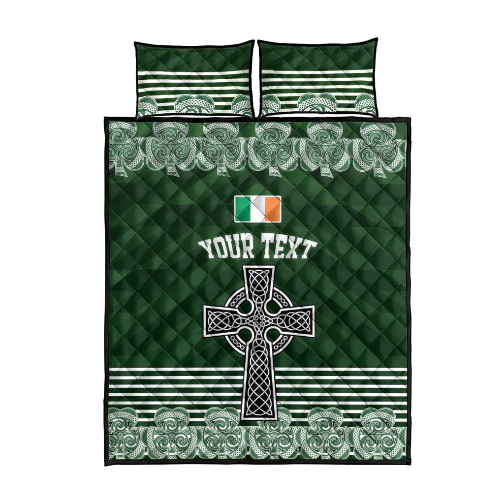 Green quilt bed set with two pillow shams, centered Celtic cross, shamrock striped bands
