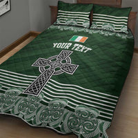 Green quilt bed set with quilted texture, large Celtic cross and shamrock, striped bands