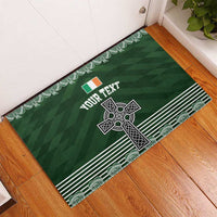 Green personalized doormat with Celtic cross and shamrock knot design, striped bottom border