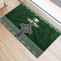 Green Celtic cross rubber doormat with shamrock knot, personalized text and striped pattern