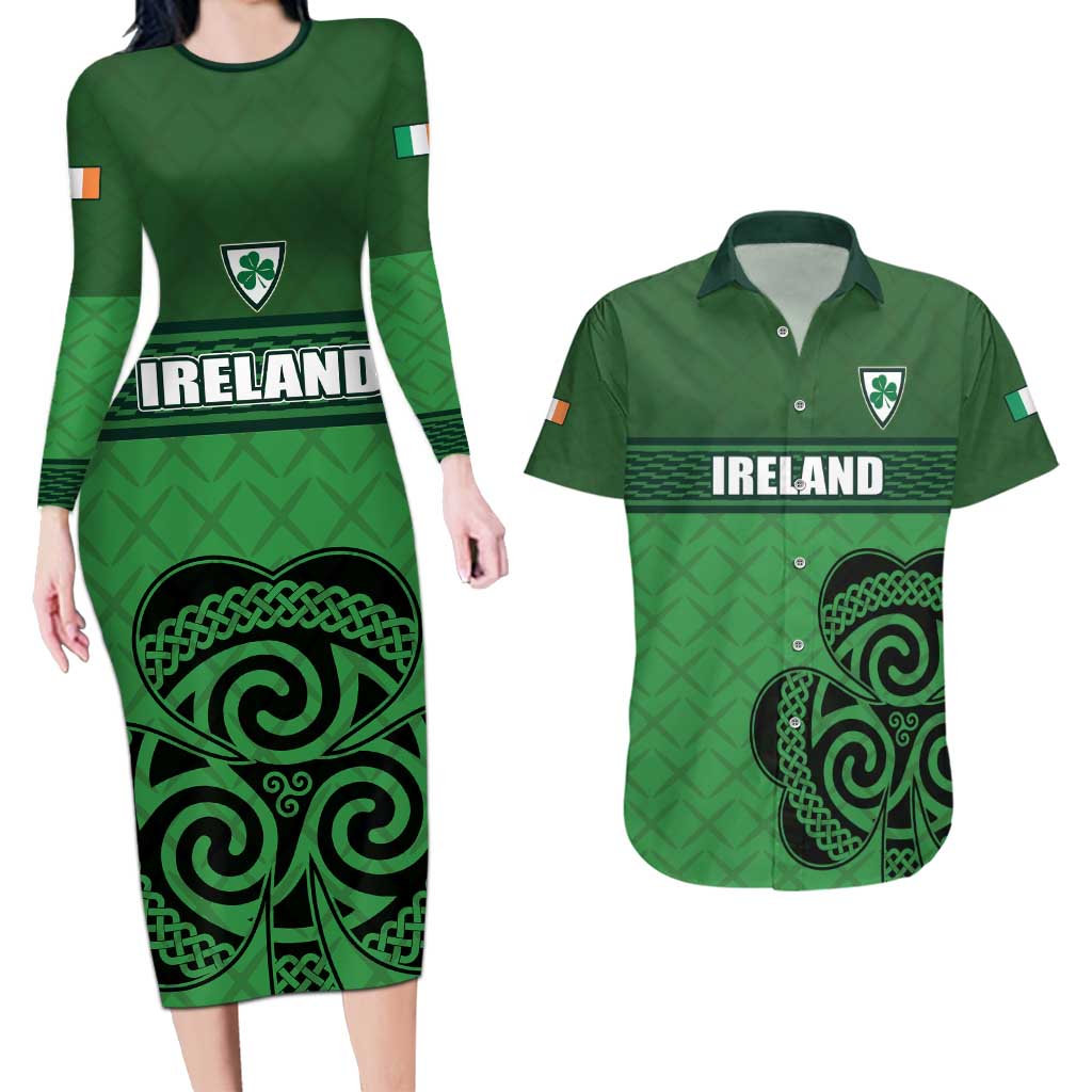 Custom Ireland Football Couples Matching Long Sleeve Bodycon Dress and Hawaiian Shirt Celtic Knot with Shamrock