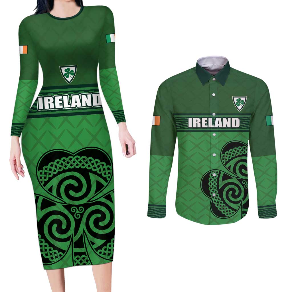 Custom Ireland Football Couples Matching Long Sleeve Bodycon Dress and Long Sleeve Button Shirt Celtic Knot with Shamrock