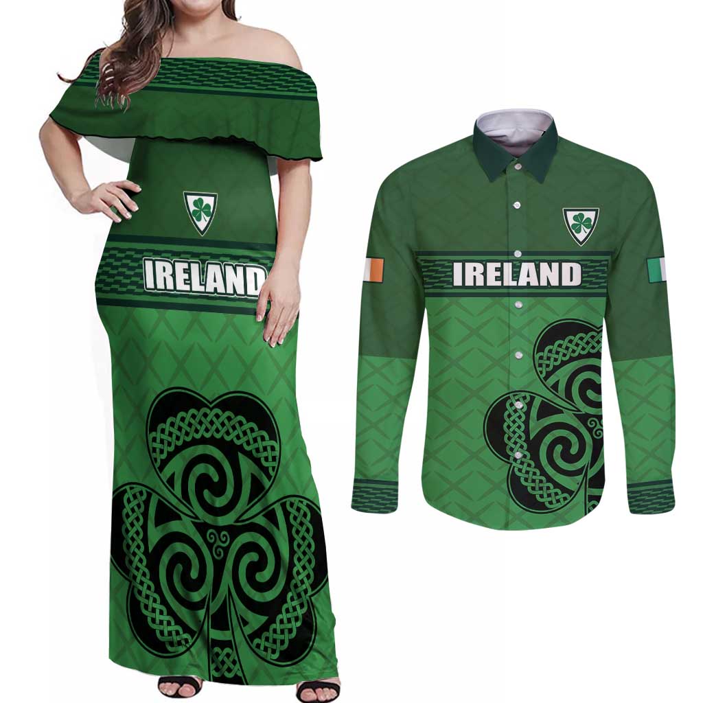 Custom Ireland Football Couples Matching Off Shoulder Maxi Dress and Long Sleeve Button Shirt Celtic Knot with Shamrock