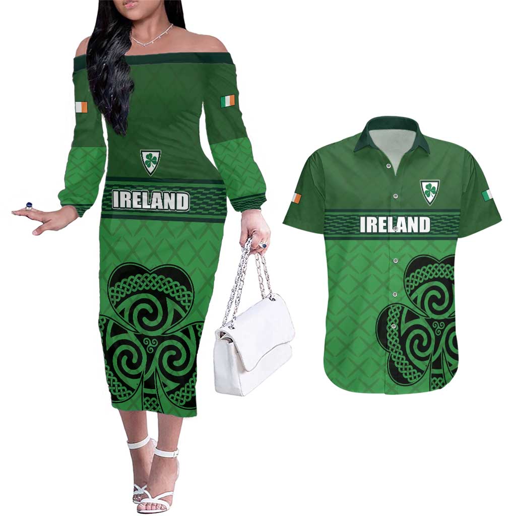 Custom Ireland Football Couples Matching Off The Shoulder Long Sleeve Dress and Hawaiian Shirt Celtic Knot with Shamrock