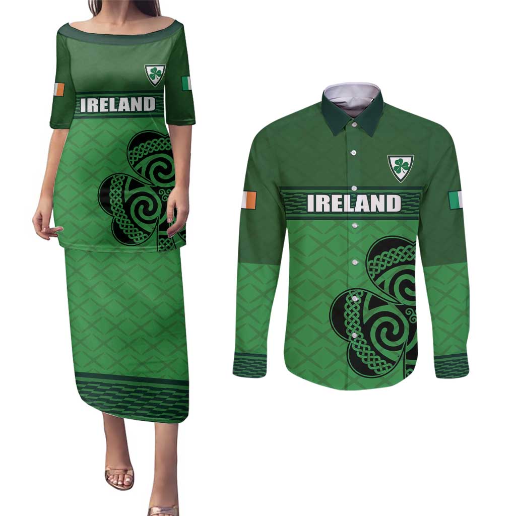 Custom Ireland Football Couples Matching Puletasi and Long Sleeve Button Shirt Celtic Knot with Shamrock