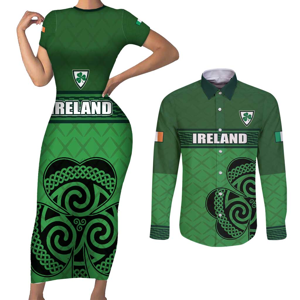 Custom Ireland Football Couples Matching Short Sleeve Bodycon Dress and Long Sleeve Button Shirt Celtic Knot with Shamrock