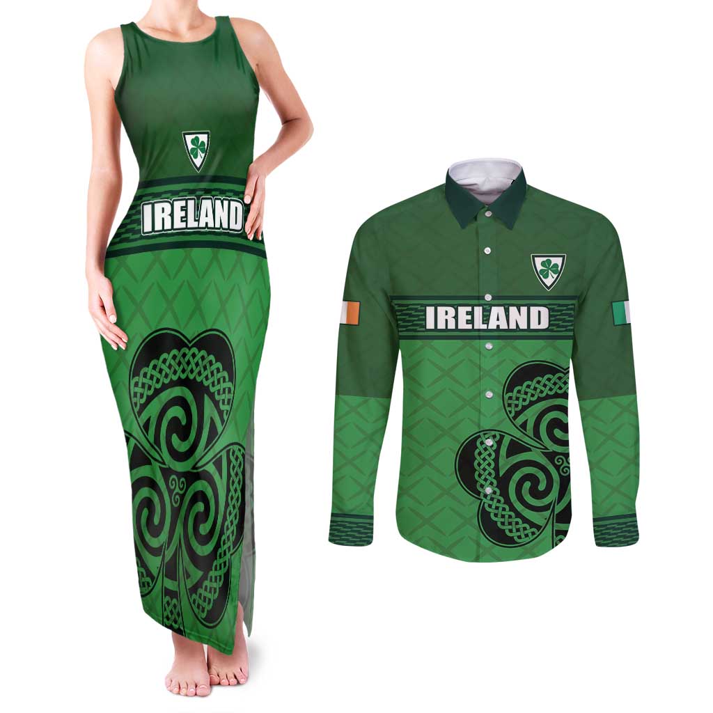 Custom Ireland Football Couples Matching Tank Maxi Dress and Long Sleeve Button Shirt Celtic Knot with Shamrock