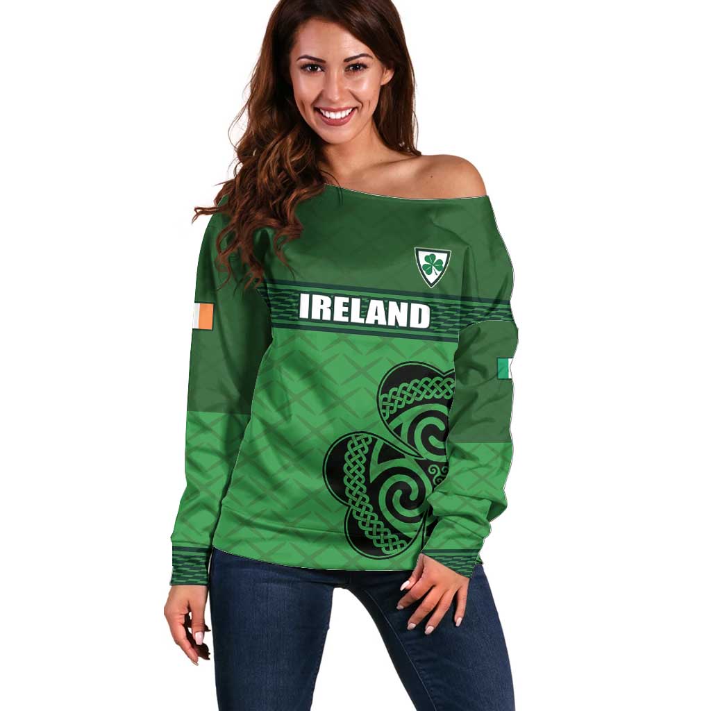 Custom Ireland Football Off Shoulder Sweater Celtic Knot with Shamrock