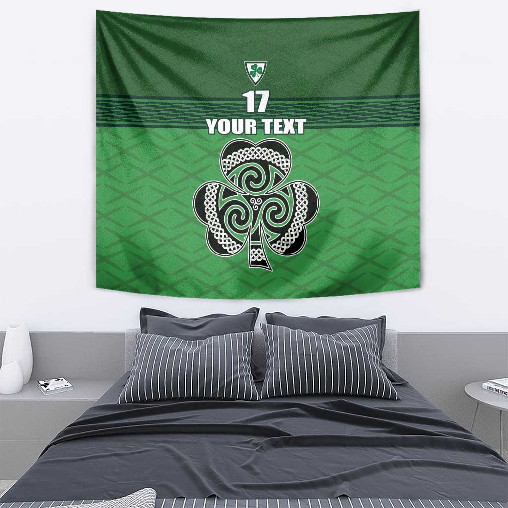 Green Ireland football tapestry with Celtic knot shamrock in center, 17 and YOUR TEXT