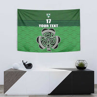 Green wall tapestry featuring Celtic knot shamrock, number 17 and YOUR TEXT banner