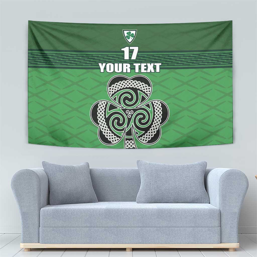 Green Ireland football tapestry with Celtic knot shamrock motif, 17 and YOUR TEXT