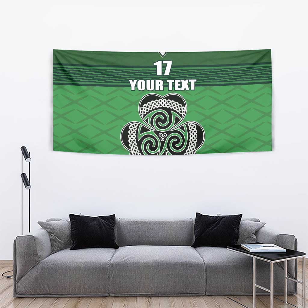 Green Ireland football tapestry with shamrock Celtic knot, 17 and YOUR TEXT, centered