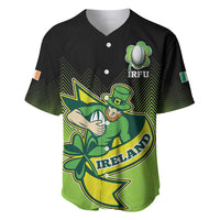 Green/black V-neck baseball jersey with clover, IRFU logo, and Ireland crest graphic