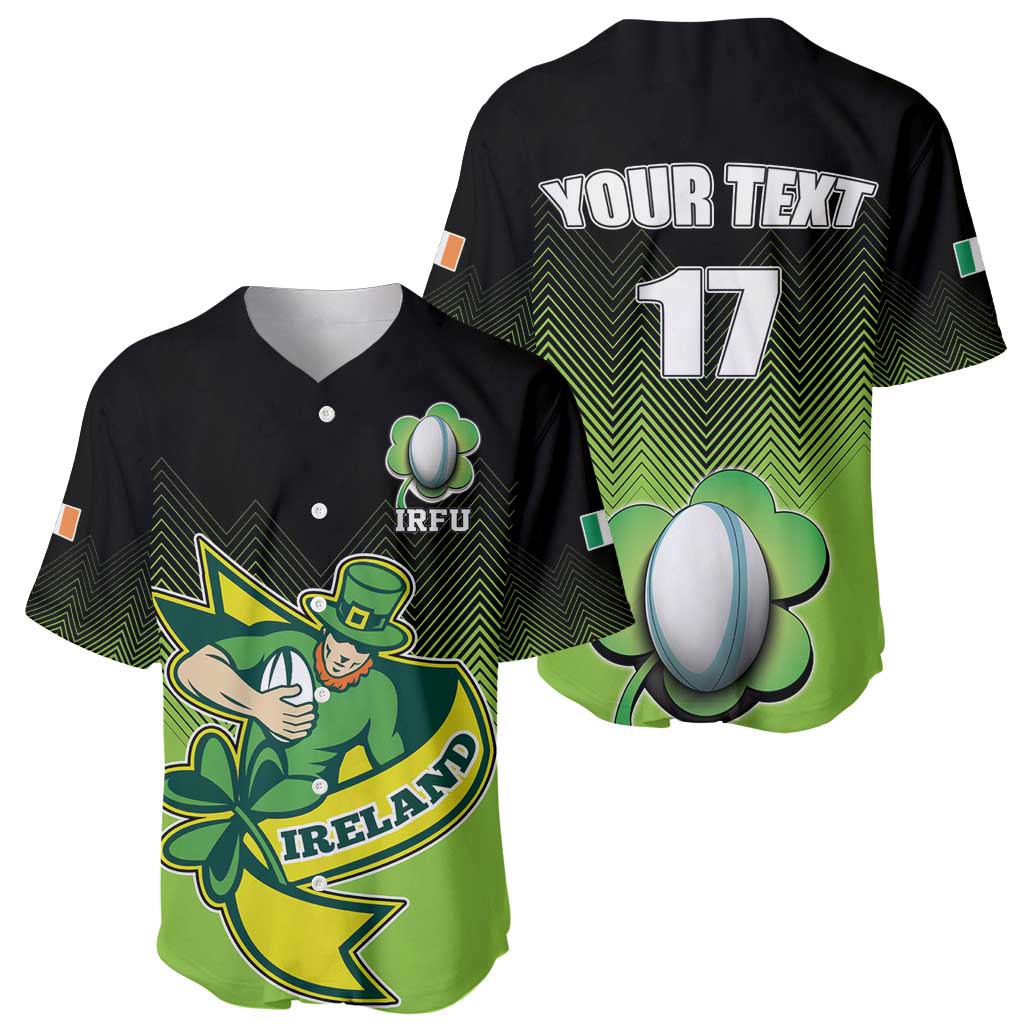 Green/black V-neck baseball jersey set: front clover IRFU graphic and back text 17