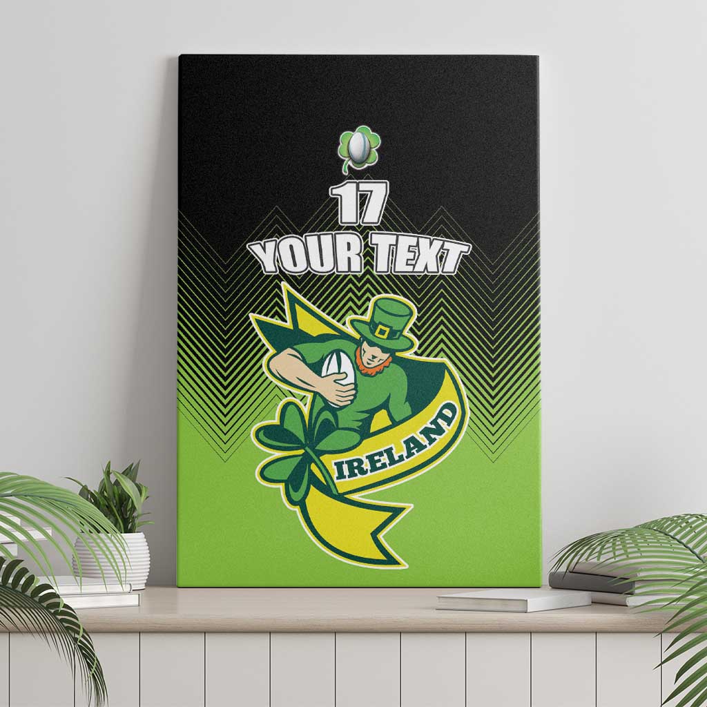 Irish rugby canvas wall art on display, green/black with shamrock, leprechaun, 'YOUR TEXT' 17.