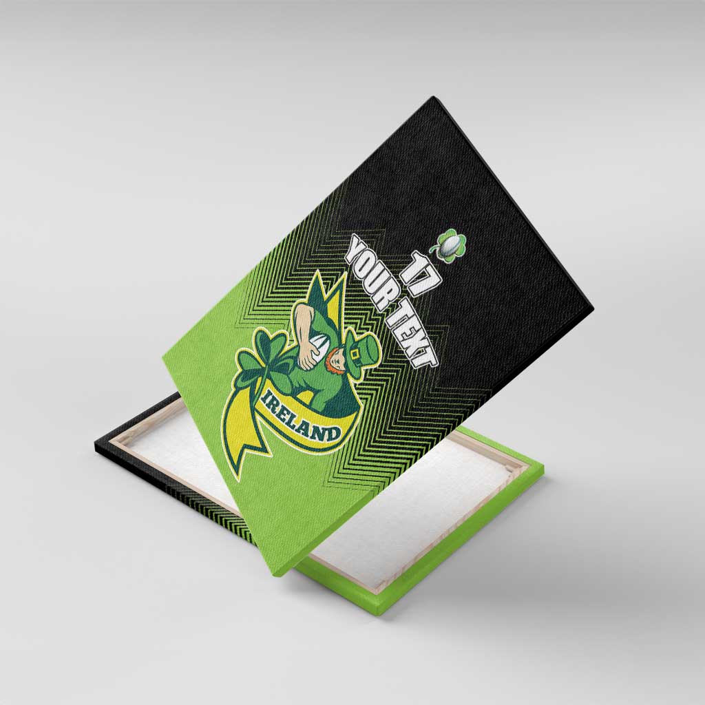 Irish rugby canvas wall art, tilted view in green/black with shamrock, 'YOUR TEXT' and 17.
