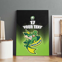 Green and black Irish rugby canvas wall art with shamrock, leprechaun, 'YOUR TEXT' and 17.
