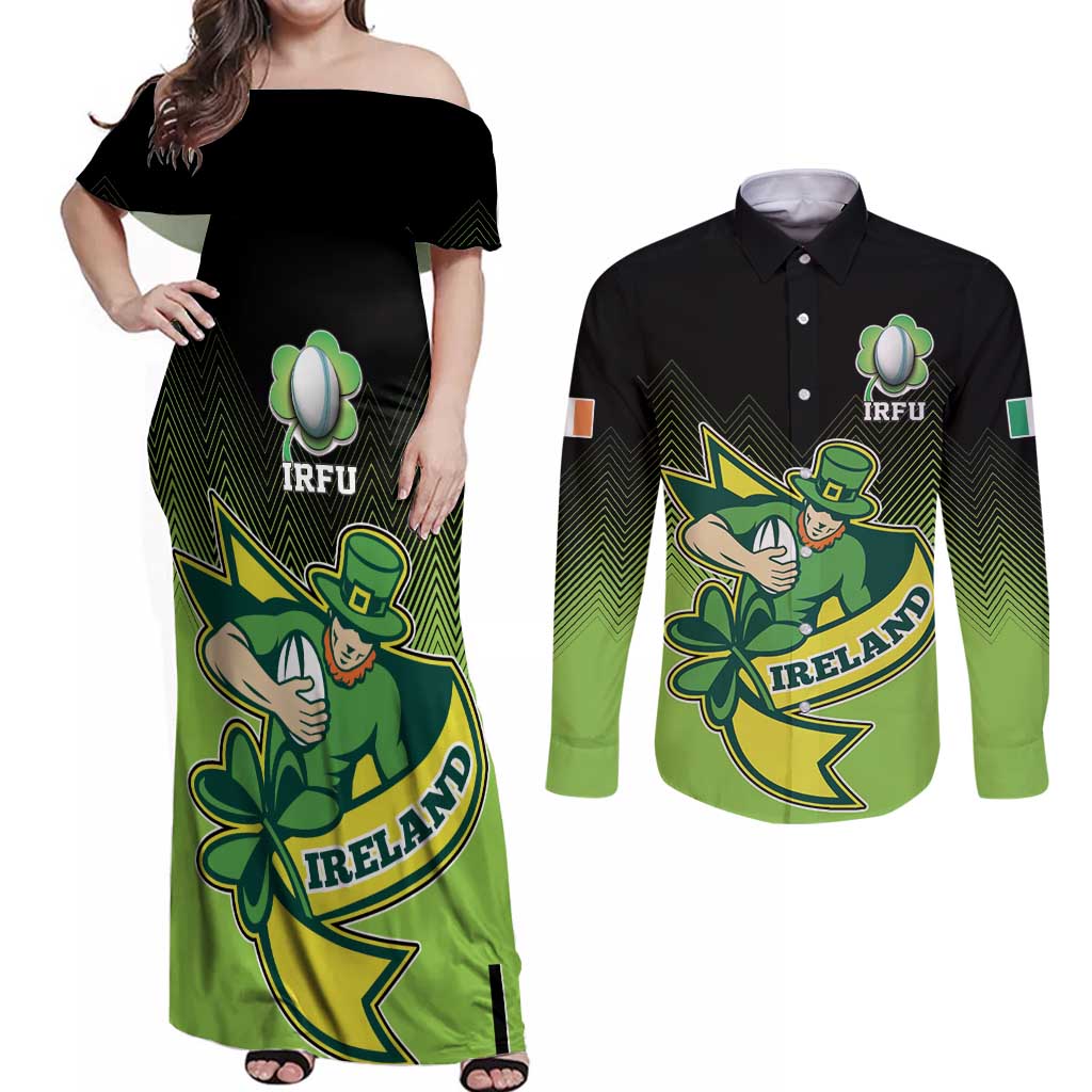 Custom Ireland Rugby Go Champions Couples Matching Off Shoulder Maxi Dress and Long Sleeve Button Shirt Irish Shamrock