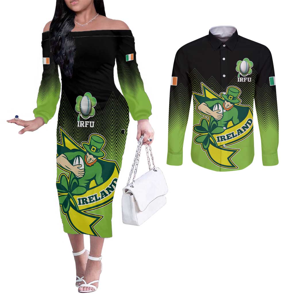 Custom Ireland Rugby Go Champions Couples Matching Off The Shoulder Long Sleeve Dress and Long Sleeve Button Shirt Irish Shamrock