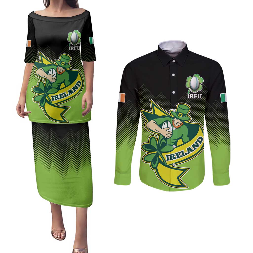 Custom Ireland Rugby Go Champions Couples Matching Puletasi and Long Sleeve Button Shirt Irish Shamrock