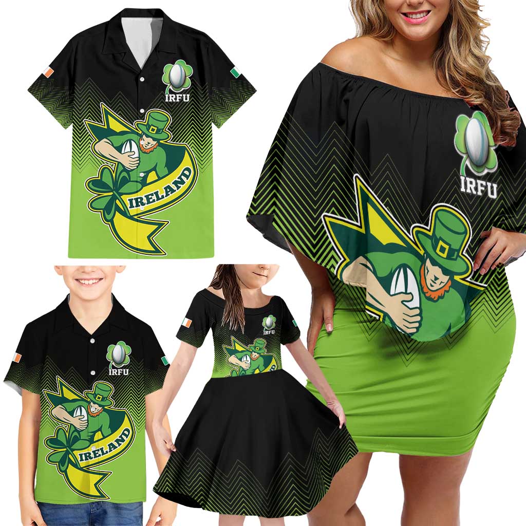 Custom Ireland Rugby Go Champions Family Matching Off Shoulder Short Dress and Hawaiian Shirt Irish Shamrock