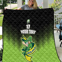 Green and black quilt blanket with diamond quilting and Ireland shamrock graphic