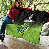 Green and black quilt blanket draped outdoors with Ireland shamrock mascot and custom text