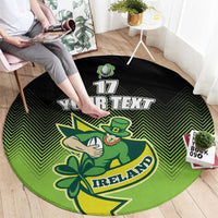 Round green and black rug featuring leprechaun and shamrock graphic, 'YOUR TEXT' and 17