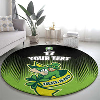 Round green and black rug with Irish leprechaun and shamrock emblem, 'YOUR TEXT' 17 center