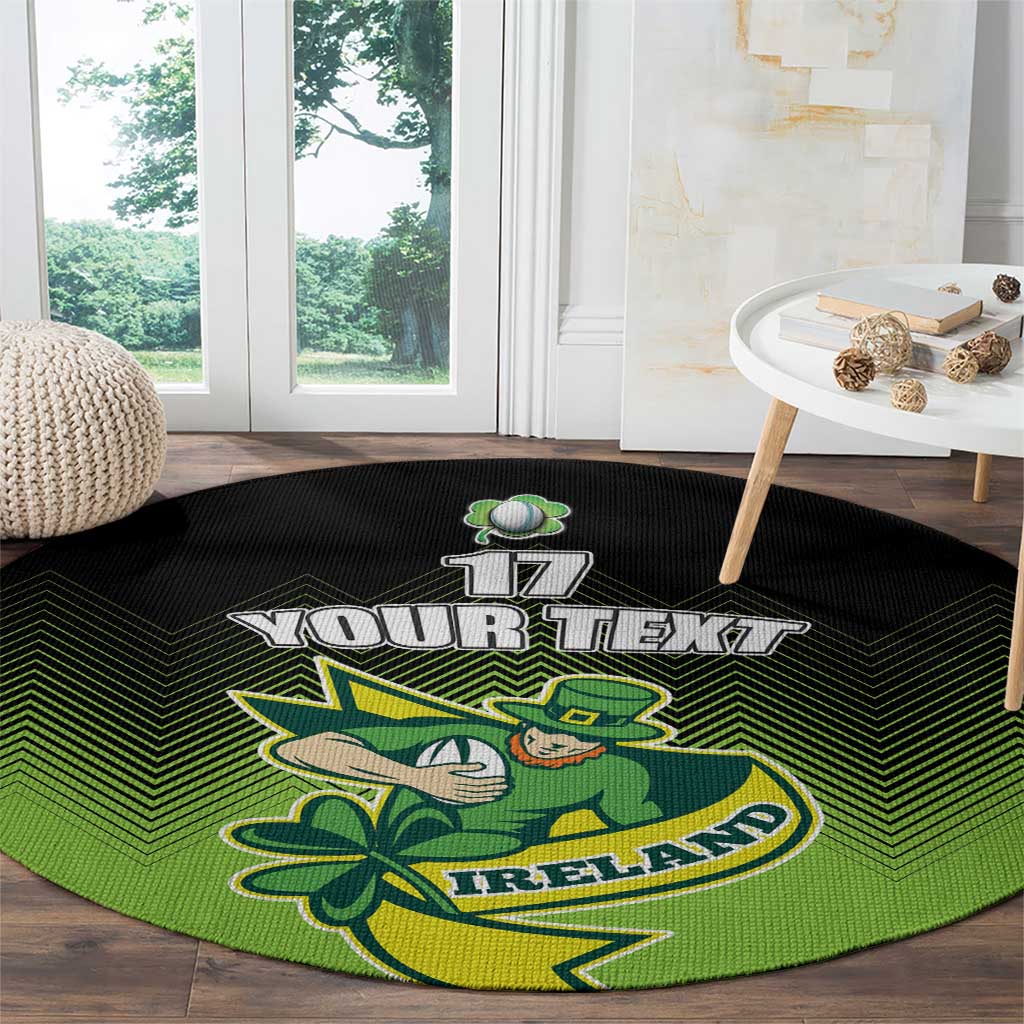 Round green and black rug showing 'YOUR TEXT' and 17 above a shamrock leprechaun emblem