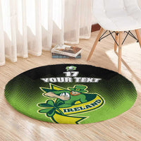 Round green and black circular rug with shamrock and leprechaun, 'YOUR TEXT' and 17 logo