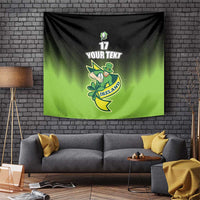 Green/black zigzag rugby tapestry with leprechaun mascot, '17' and 'YOUR TEXT' on 'IRELAND'.