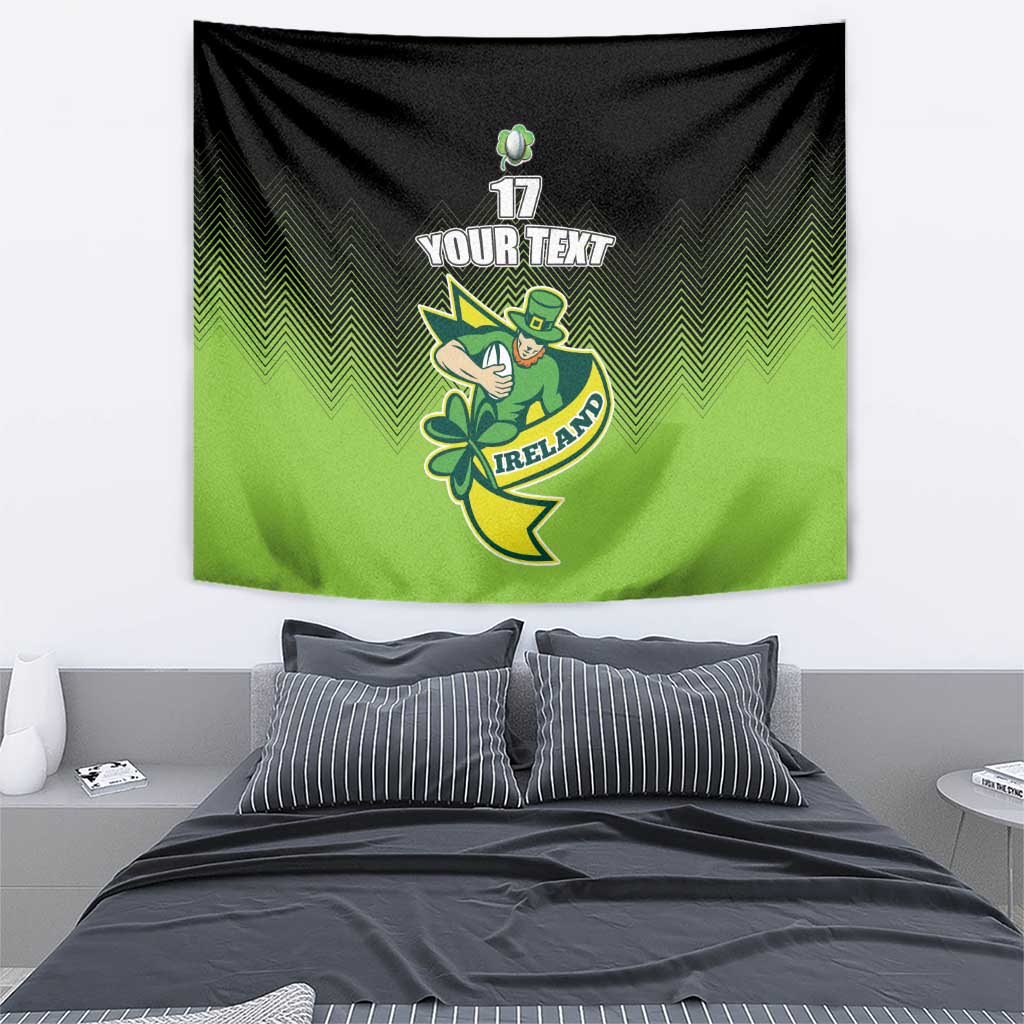 Centered green and black rugby tapestry with leprechaun clover logo, '17' and 'YOUR TEXT', 'IRELAND'.