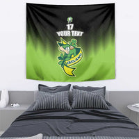Centered green and black rugby tapestry with leprechaun clover logo, '17' and 'YOUR TEXT', 'IRELAND'.