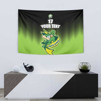 Green rugby tapestry with black top, zigzag pattern, leprechaun mascot graphic, '17' 'YOUR TEXT' 'IRELAND'.