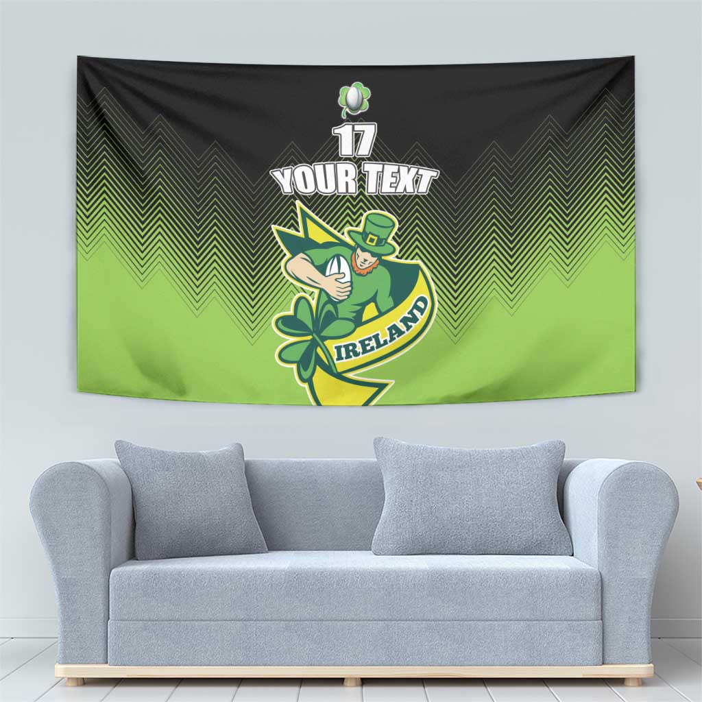Green/black rugby wall tapestry with zigzag chevrons and leprechaun emblem, '17', 'YOUR TEXT', 'IRELAND'.
