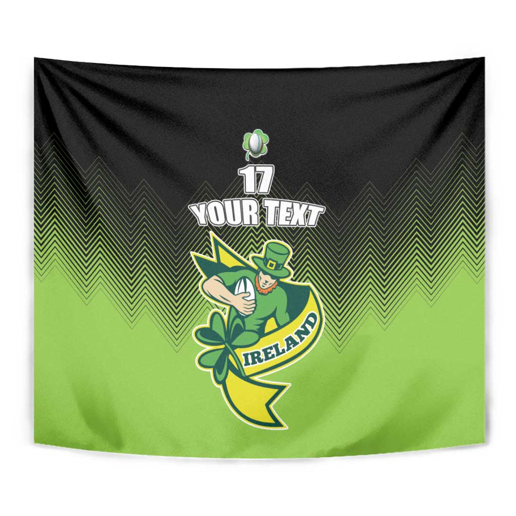 Green/black rugby tapestry featuring leprechaun clover graphic, zigzag backdrop, '17' and 'YOUR TEXT', 'IRELAND'.
