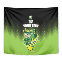 Green/black rugby tapestry featuring leprechaun clover graphic, zigzag backdrop, '17' and 'YOUR TEXT', 'IRELAND'.
