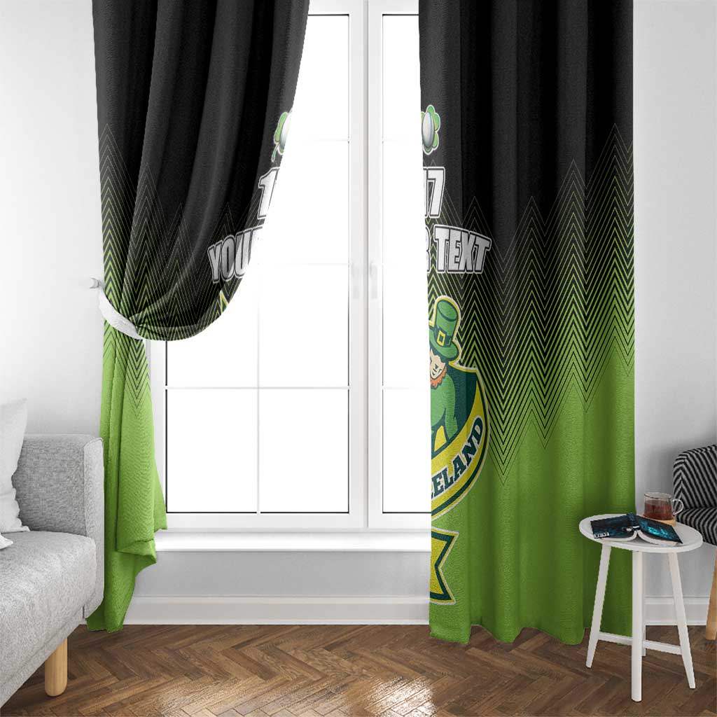 Black and green curtains on a white door, showing Irish shamrock rugby crest and “YOUR TEXT”.