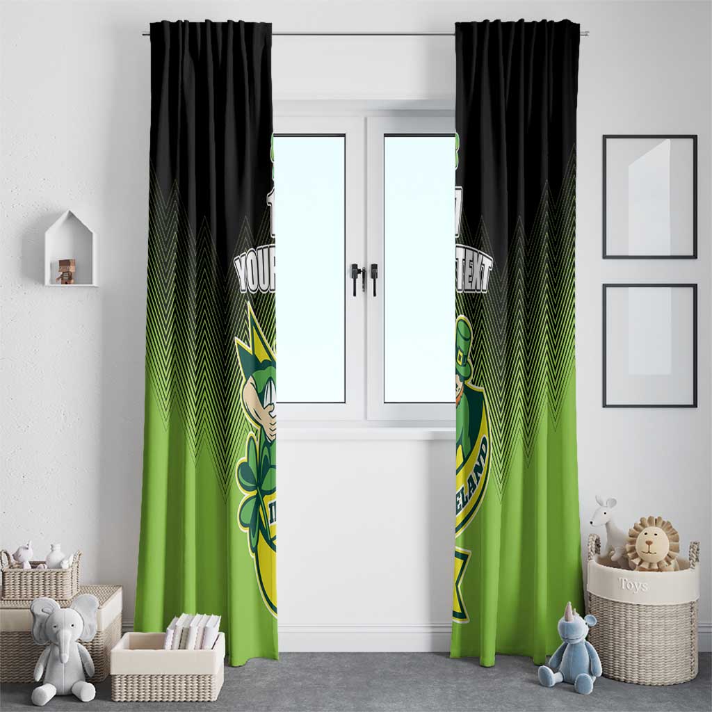 Black and green window curtains with Irish shamrock rugby crest and zigzag pattern on both panels.
